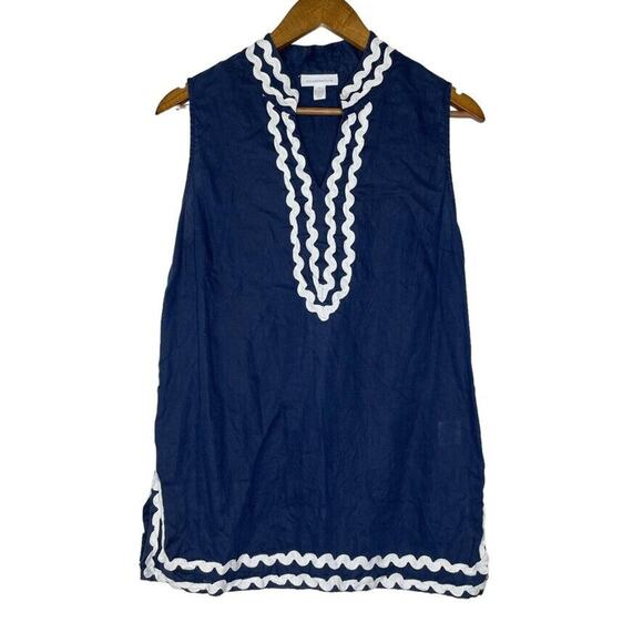 Charter Club Blue 100% Linen Ric Rac Sleeveless V-Neck Shirt Size Medium Women’s - Picture 1 of 9